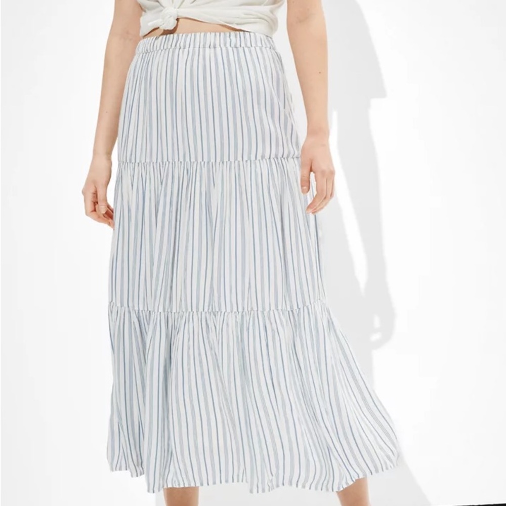 NWT American Eagle Striped Skirt Tiered Style Midi Lined Size Lg